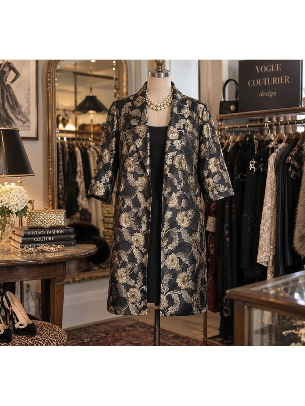 Vintage Vogue Couturier Opera Coat Brocade Black Gold Satin Sz 2X 51" Bust Glam